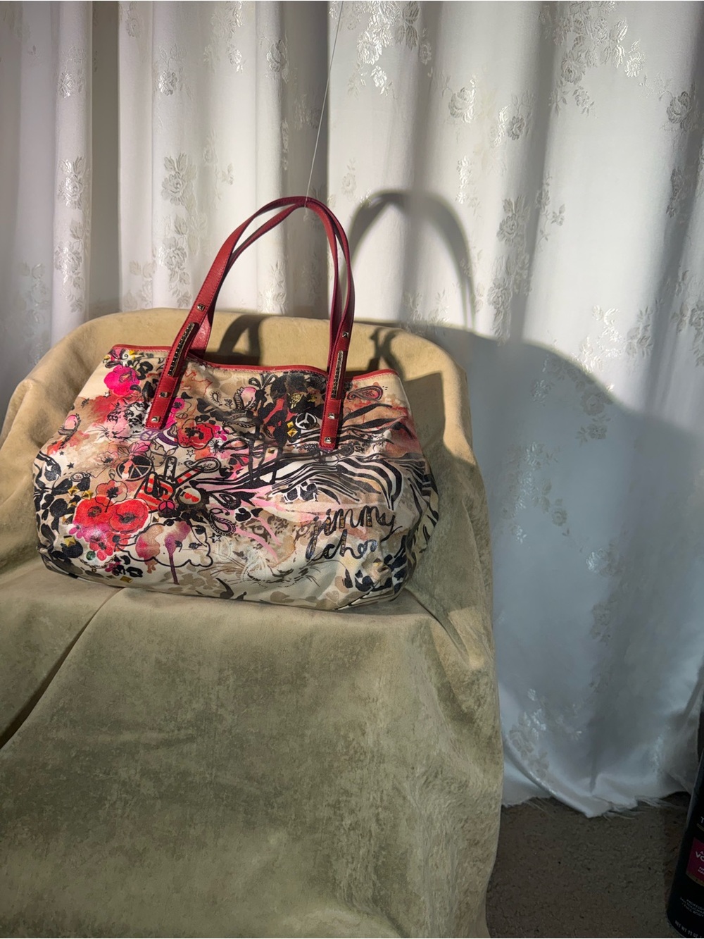 Jimmy Choo Floral Multicolor Tote with Red Handles - Picture 8 of 11